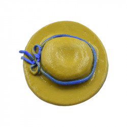 Yellow brooch-hat with blue ribbon