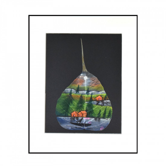 Ζωγραφική σε αποξηραμένο φύλλο Σπιτάκια στη λίμνη