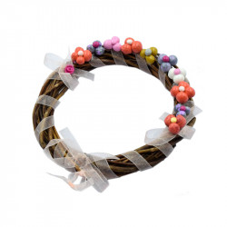 Brown wreath with colorful flowers and ribbon